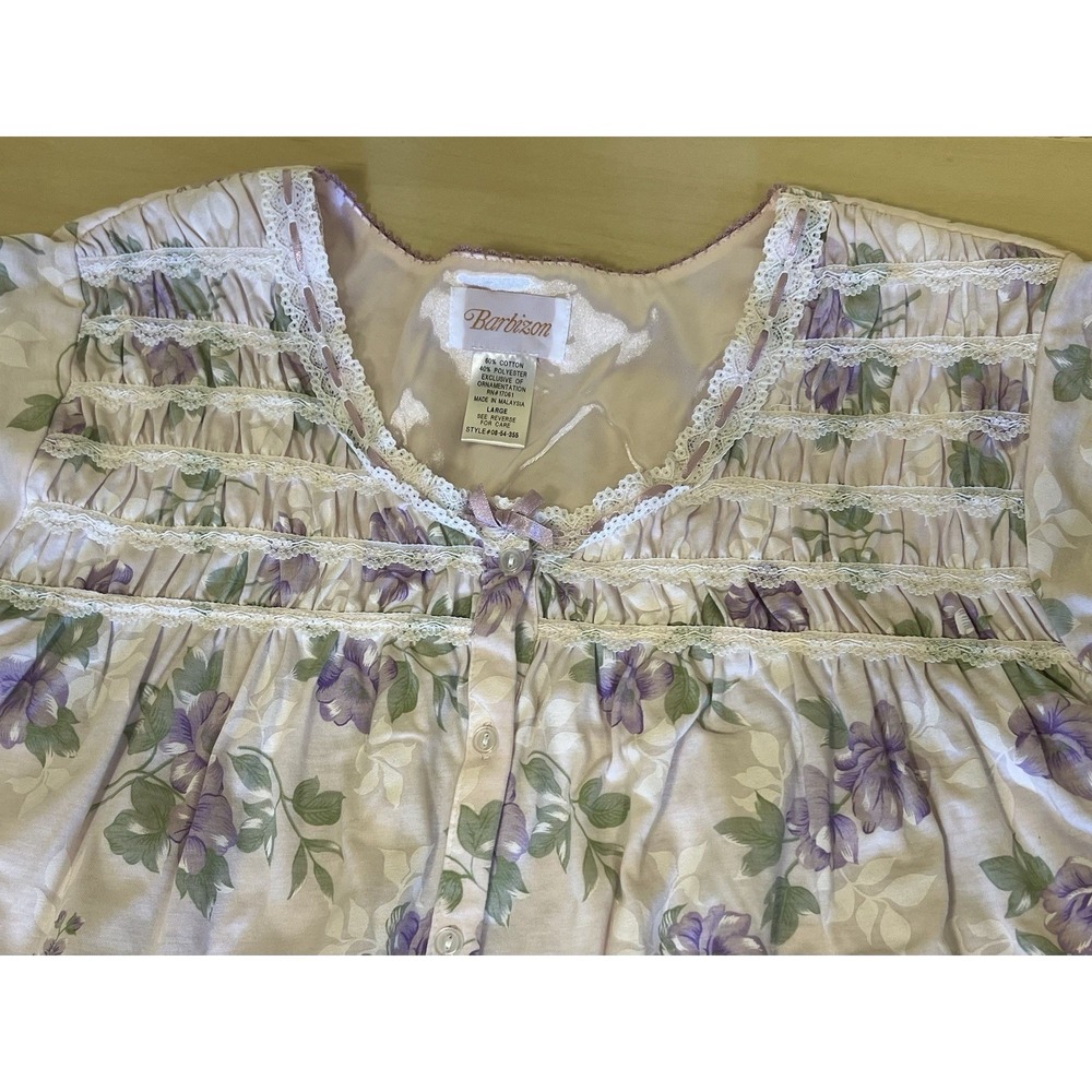 Barbizon Nightgown & Robe Set NWT Sz Large Floral Lilacprint Vtg Lace Smocking - Picture 5 of 16